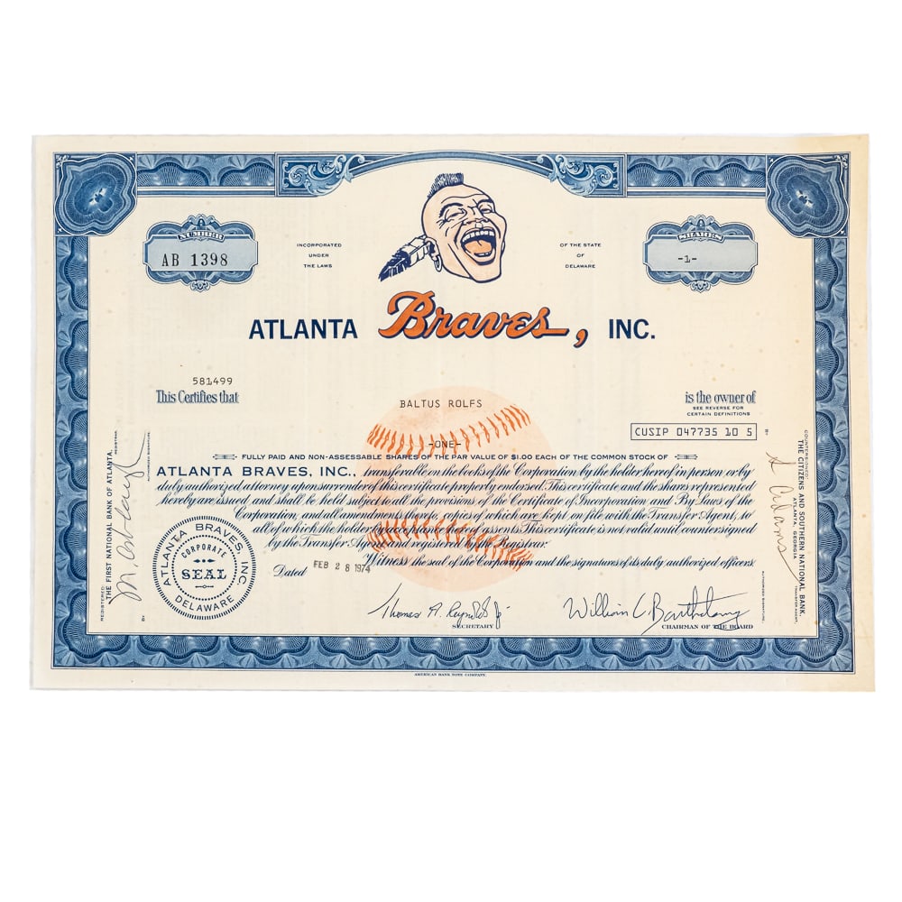 1974 Atlanta Braves Inc. One MLB Stock Share (1 of 6)