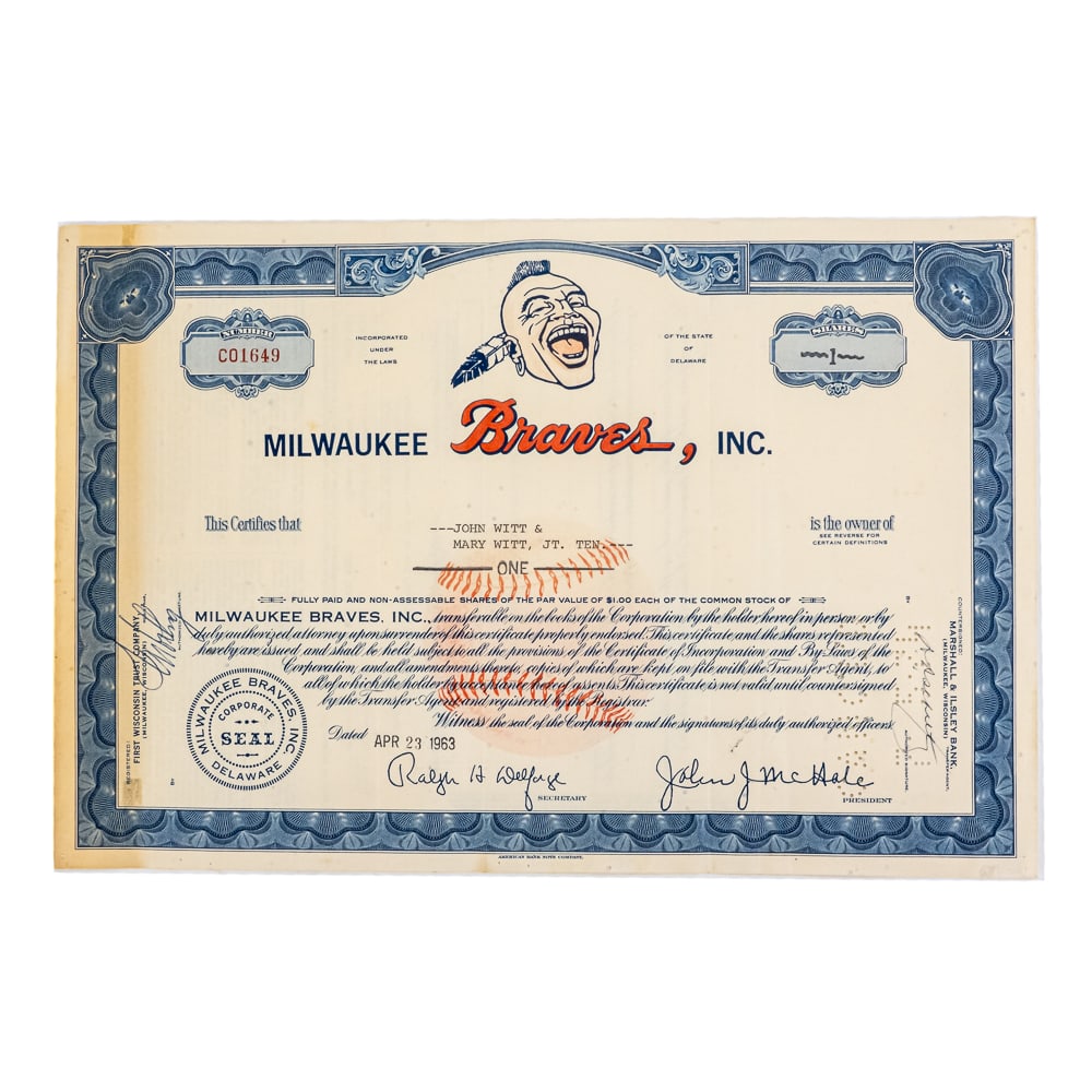 1963 Milwaukee Braves One MLB Stock Share (1 of 6)