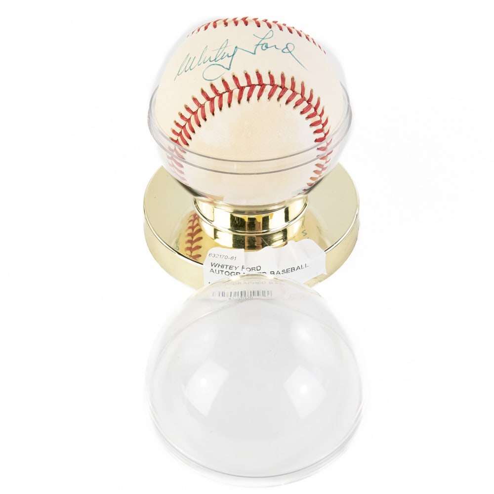 Whitey Ford Autographed Rawlings AL Baseball: 10 Time All Star, 6 Time World Series Champion, 1961 Cy Young & WS MVP Whitey Ford Autographed Rawlings Official American League Bobby Brown baseball; perfectly accented with bold blue ball ink Sweet