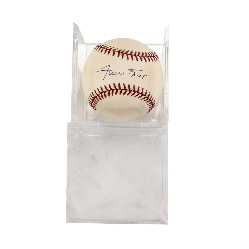 Willie Mays Autographed Rawlings NL Baseball: 24 Time All Star, 1954 World Series Champion, 1954 NL Batting Champion & The Say Hey Kid Willie Mays Autographed Rawlings Official National League Leonard Coleman Jr. baseball; perfectly accented