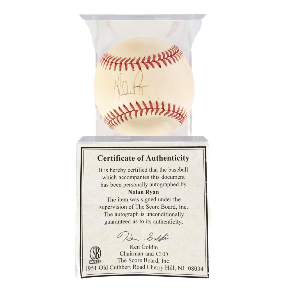 Nolan Ryan Autographed American League Baseball: Hall of Fame inductee, 11 Time Strikeout Leader, 8 Time All Star, 1969 World Series Champion Nolan Ryan autographed Rawlings American League Bobby Brown baseball. Attractive blue ball point ink sweet