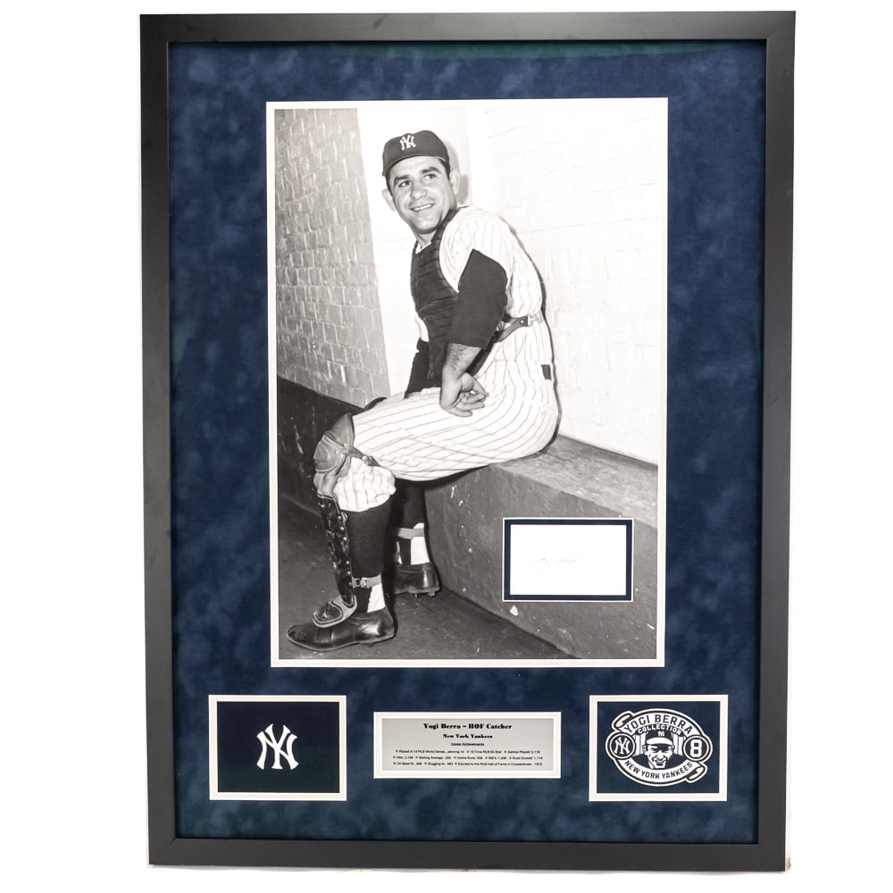 Framed Yogi Berra Autographed Photo & Collage: Title: Yogi Berra – HOF CatcherOriginal Photographer: Phillip SarnoPrint Size: 16” wide by 24” tall black & white print on Kodak Ektalure G Surface Paper. Original Date of Print