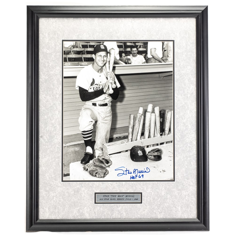 Framed Stan “The Man” Musial Photograph – 1949: Title: Stan “The Man” Musial Photograph – 1949. Original Photographer: Phillip Sarno. Print Size: 16” wide by 24” tall black & white print on Kodak Ektalure G Surface