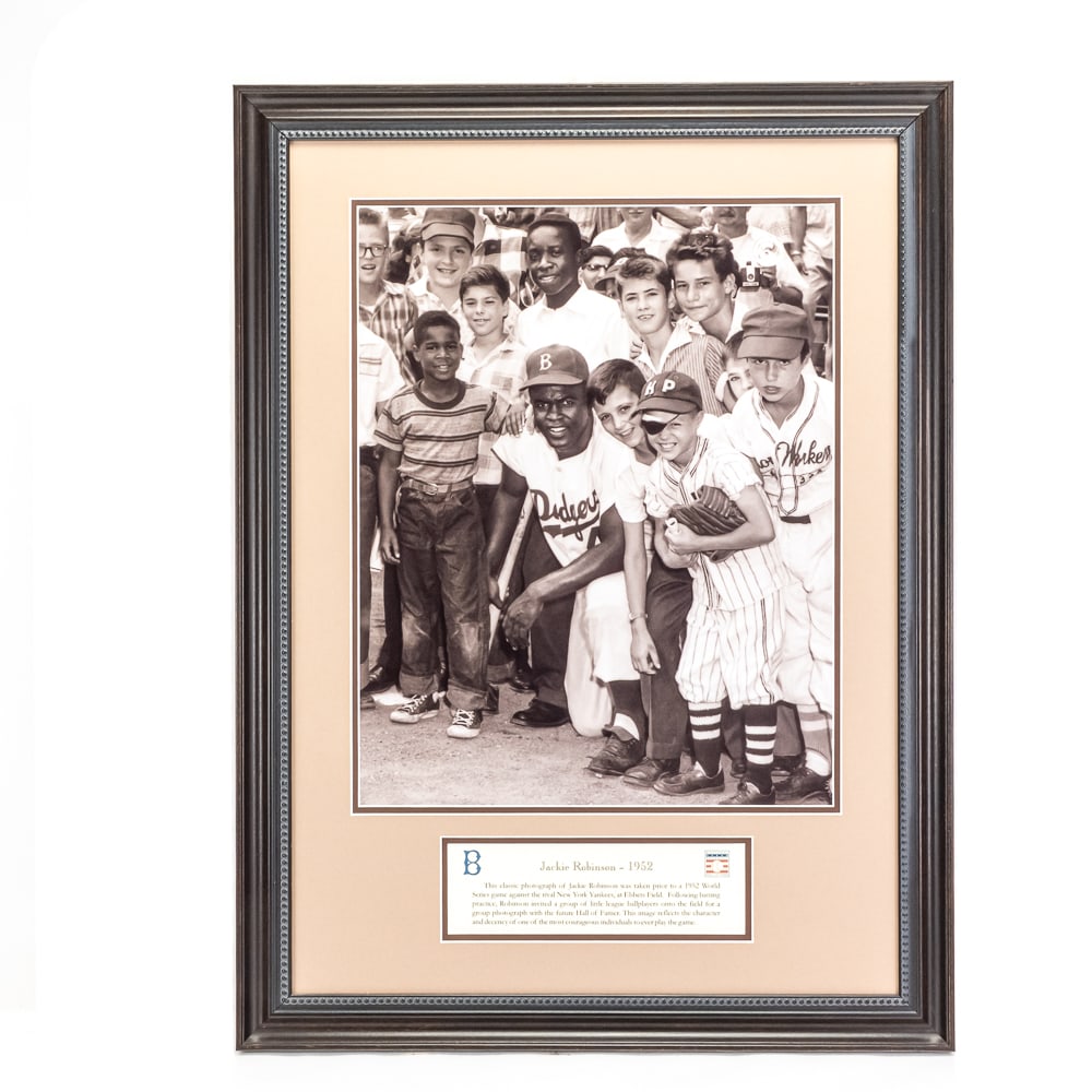 Framed Jackie Robinson 1952 World Series: Print Size: 16” wide by 24” tall black & white print on Kodak Ektalure G Surface Paper. Frame Size: 23.5” wide by 31.5” tall (Solid wood highly detailed frame, archival acid
