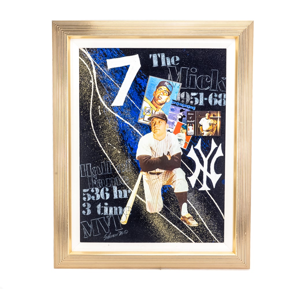 Framed Mickey Mantle Collage by Tom Salomon: Title: Mickey Mantle Collage. Artist: Tom Salomon – Cleveland, Ohio. Collection Series: Collages of the Greats. Media: Mixed media abstract expressionism collage. Edition Subject: Mickey