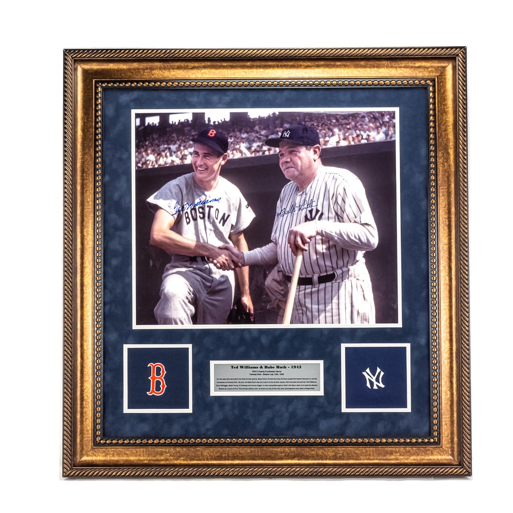1943 Framed & Auto Babe Ruth & Ted Williams Photo: Title: Color Ted Williams & Babe Ruth – 1943Original Photographer: George “Specs” ToporcerPrint Size: Large 20” tall by 24” wide photographic print on Kodak glossy