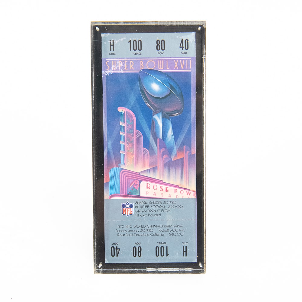 Super Bowl XVII Redskins VS Dolphins - Full Ticket: Title: Super Bowl XVII Redskins VS Dolphins – Full TicketEvent Date: Sunday January 30, 1983Event Venue: Rose Bowl – Pasadena, CaliforniaTicket Face Value: $40.00Seat Location: Gate H R