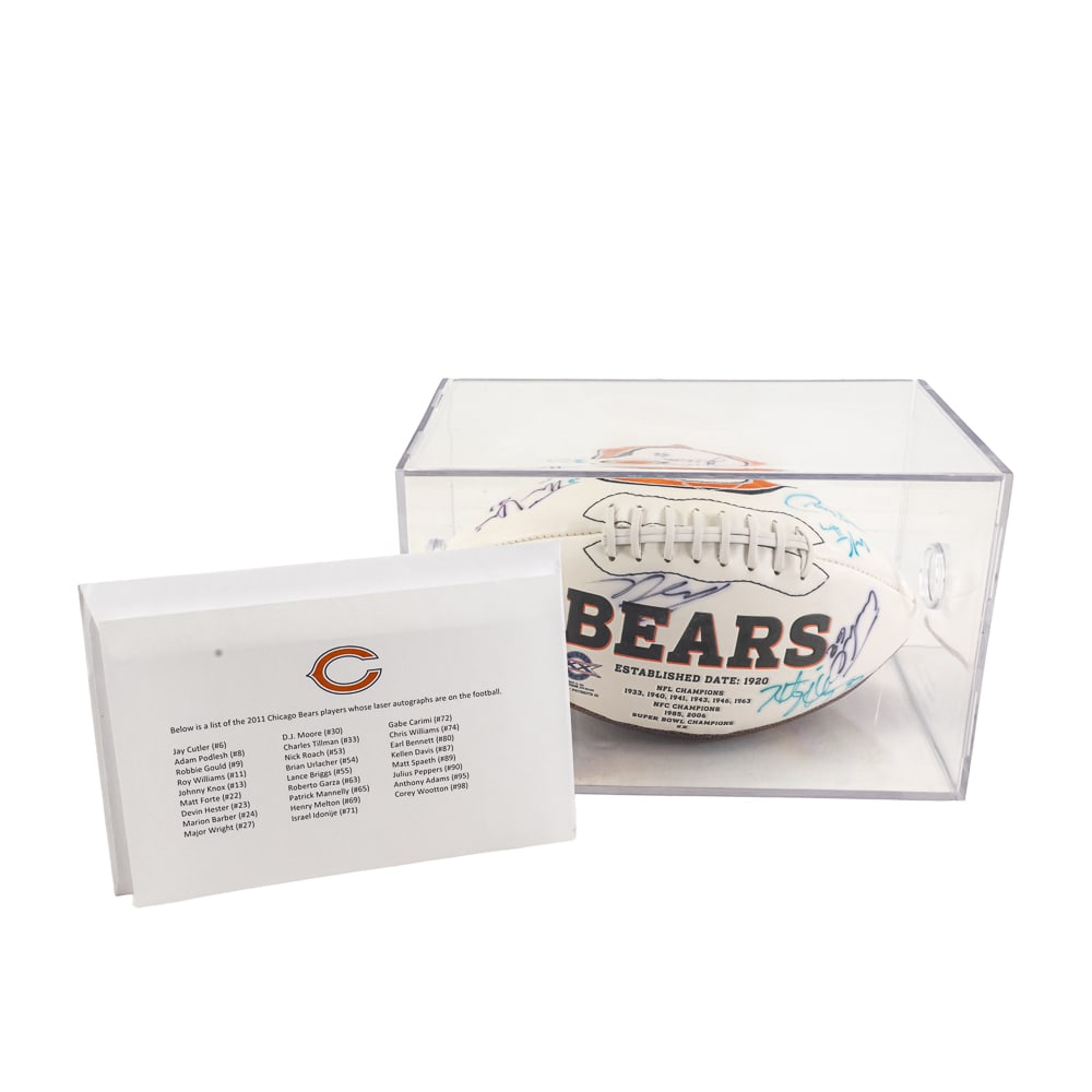 2011 Chicago Bears Autographed NFL Football: 2011 Chicago Bears (26) Autographs include: Cutler, Podlesh, Gould, Williams, Knox, Forte, Hester, Barber, Wright, Moore, Tillman, Roach, Urlacher, Briggs, Garza, Mannelly, Melton, Idonije, Carimi,