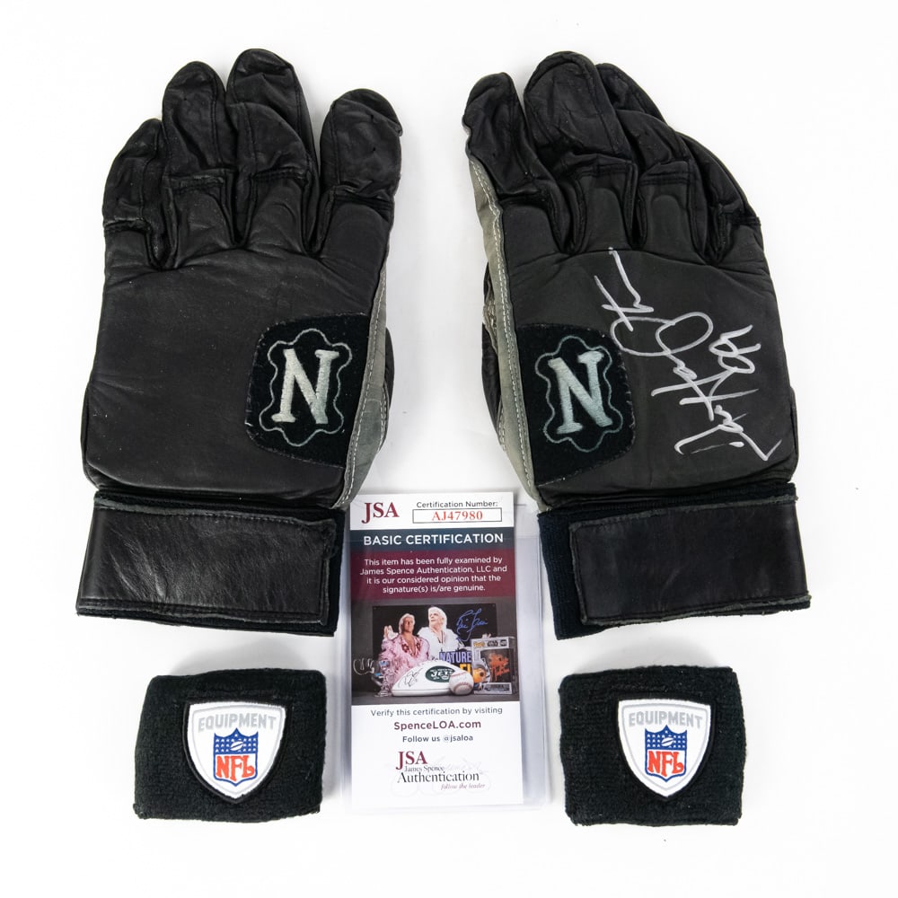 Dan Hampton Signed Game Used Gloves & Wristbands: Title: Dan Hampton game used autographed gloves and wristbandsGlove Manufacturer: Neumann AthleticsGlove Features: Tackified leather palms for grip and reinforced padding across leather knuckles for