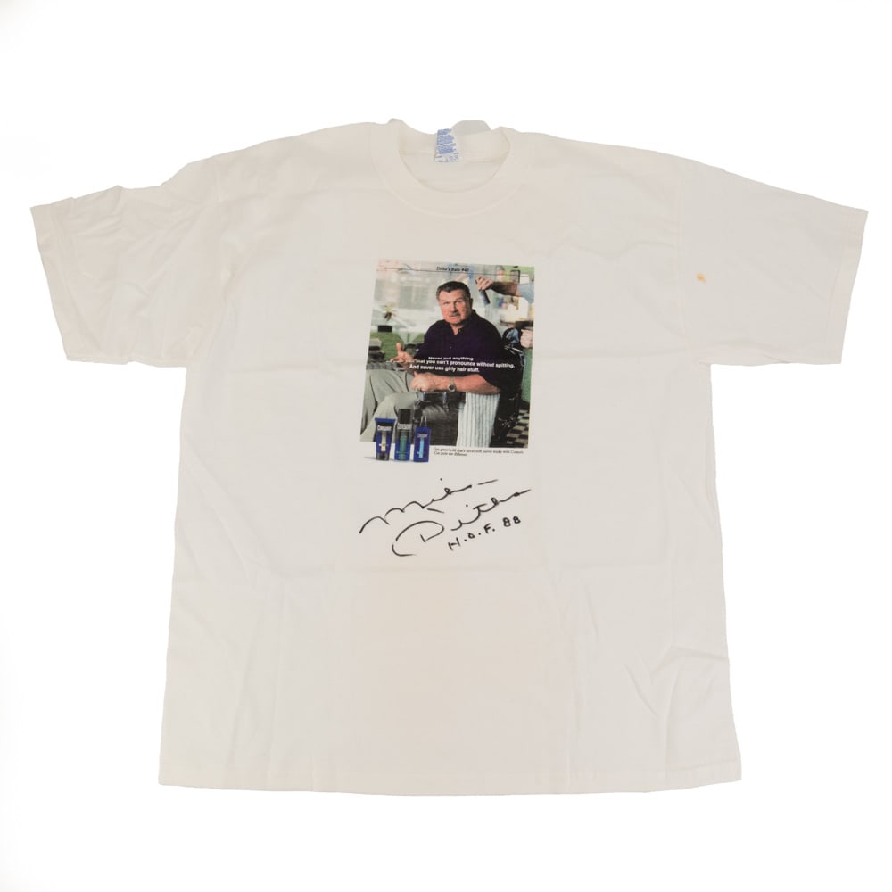 Mike Ditka Autographed Consort Hair Care T Shirt: 1990s Mike Ditka autographed Consort Hair Product white Gildan XL T-shirt. Excellent overall condition (new never worn) showcasing bold black felt tipped signature perfectly accented with H.O.F. 88