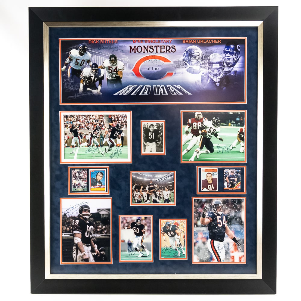 Chicago Bears Monsters of the Midway Signed Art: Title: Chicago Bears – Monsters of the Midway Signed CollageFrame & Artwork Size: Huge, 36” wide by 43” tall with navy blue suede archival mattes and non-glare UV Museum