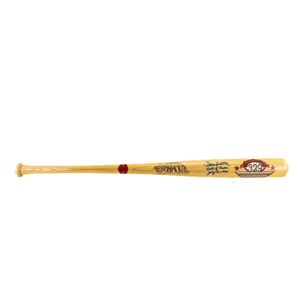 Steve Carlton Autographed HOF Bat: Steve Carlton autographed & inscribed 329 Game Winner Commemorative Cooperstown Bat. Beautifully presented with attractive graphics and perfectly accented with bold blue felt tipped signature with