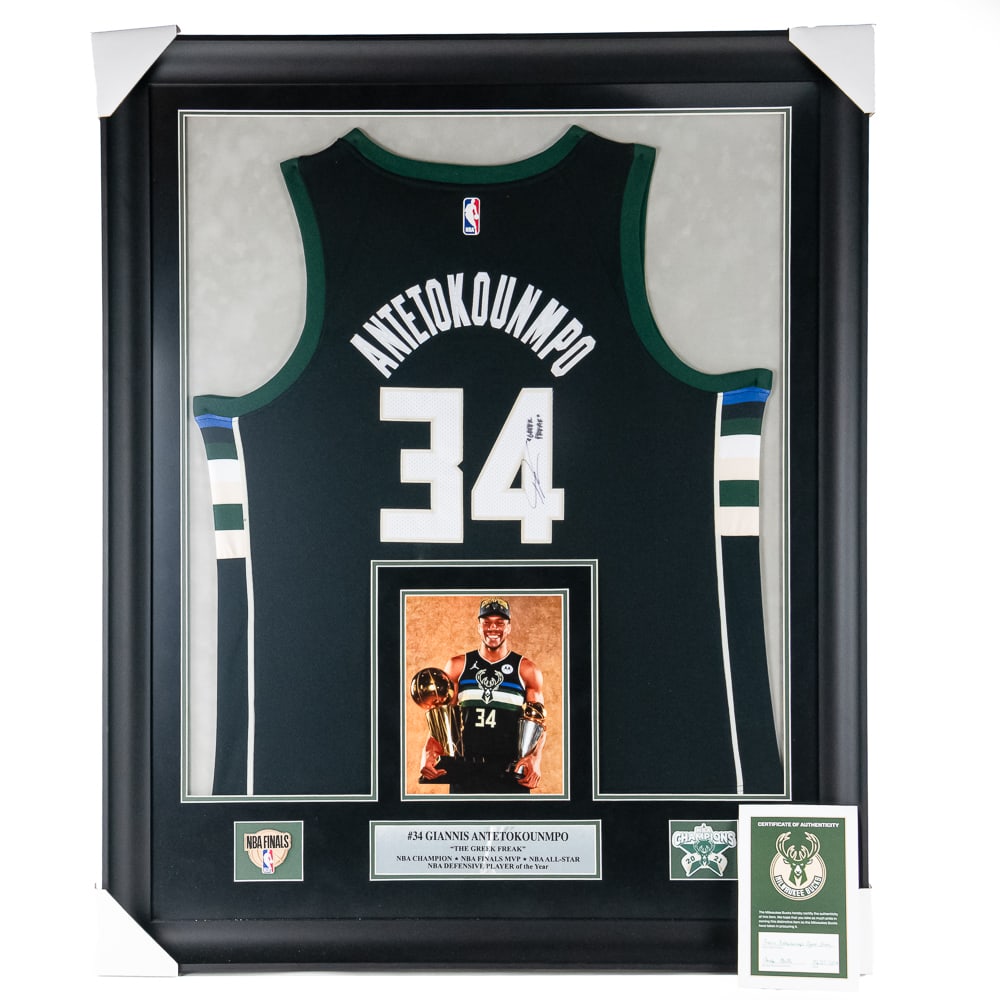 Framed Giannis Antetokounmpo Autographed Jersey: Title: Giannis Antetokounmpo Autographed JerseyJersey Info: Authentic NBA Nike “Swingman” Game JerseyJersey Size: Giannis Size 56Date of Acquisition: March 2019 (Giannis 1st NBA MVP