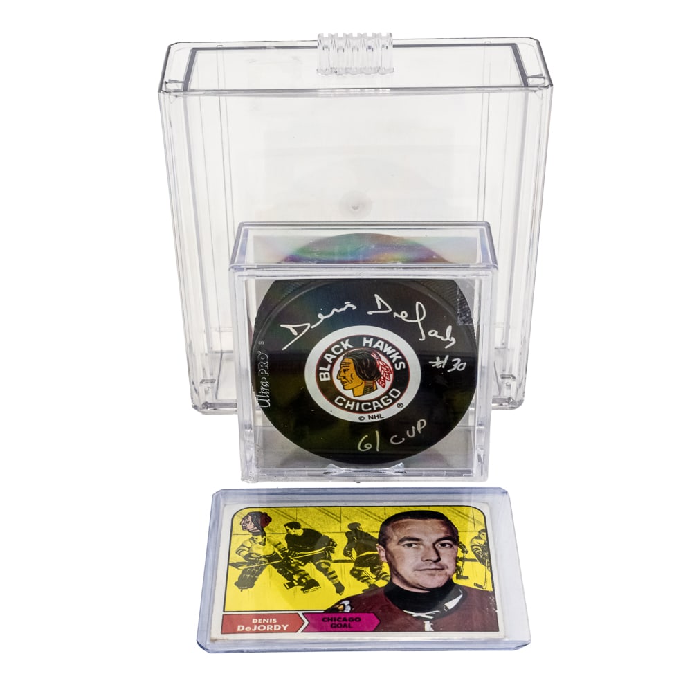 Denis DeJordy Autographed Black Hawks Puck & Card (1 of 5)