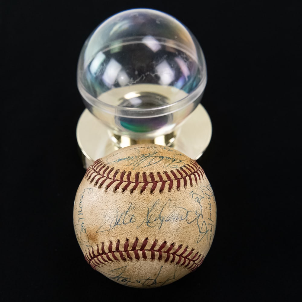 1980 Milwaukee Brewers Autographed Baseball: Vintage baseball autographed by the1980 Milwukee Brewers team featuring (26) blue ball point ink signatures including Robin Yount, Paul Molitor, Cecil Cooper, Dan Money, Larry Sorensen, Mike Caldwell,