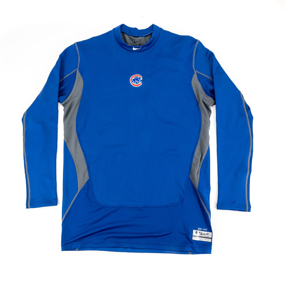 Chris Bryant #17 Owned Worn NIKE Chicago Cub Shirt: Chris Bryant #17 Nike Pro Combat Dri Fit Chicago Cubs compression shirt. Player owned and worn with handwritten "BRYANT 17" in ink on performance apparel front tag. Chicago Cubs high leverage set up m