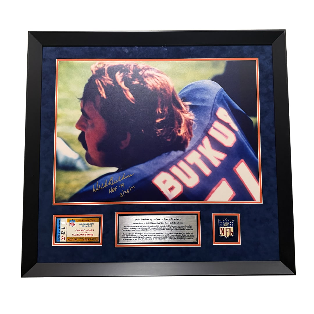 Butkus Signed Bears Brian's Song Gold Autographed Display: This museum-grade presentation stands as a premier artifact of sports and cinematic history, anchoring any elite sports memorabilia collection. At the heart of this custom-framed display is a striking