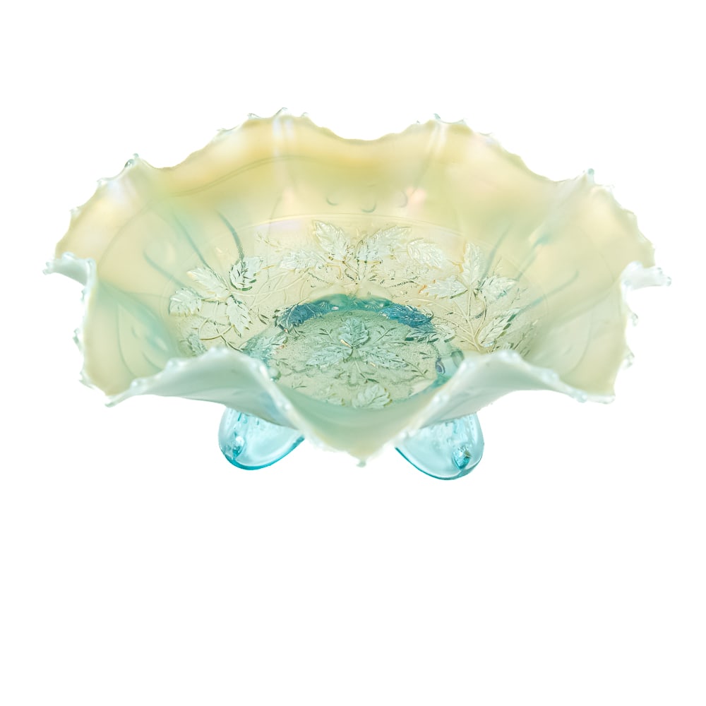 Carnival Gls Northwood Three Fruits Medallion Bowl: Aqua opal. Nice pastel color on this spatula footed ruffled bowl. Good condition.See photos to judge condition and bid accordingly.8.75 in.