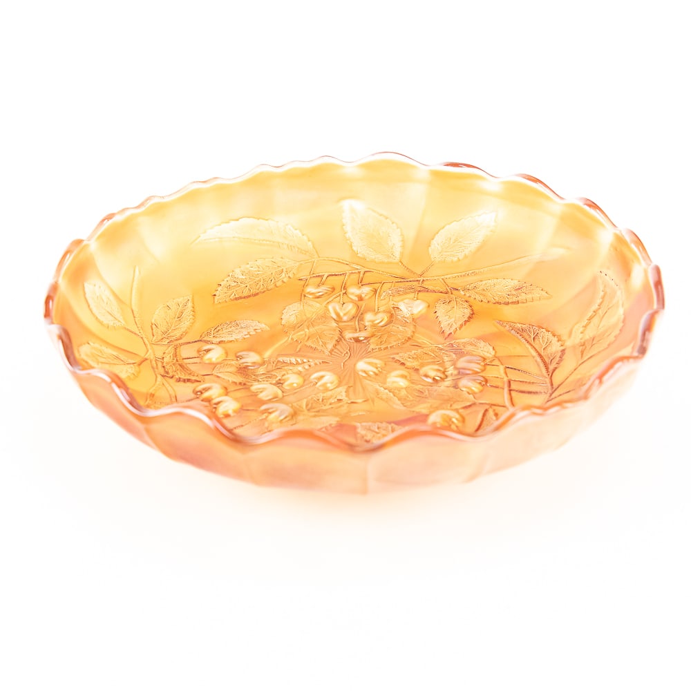 Carnival Glass: Millersburg Hanging Cherries Bowl: Marigold. Ice cream shape with very nice iridescence and good condition.See photos to judge condition and bid accordingly.10 in.