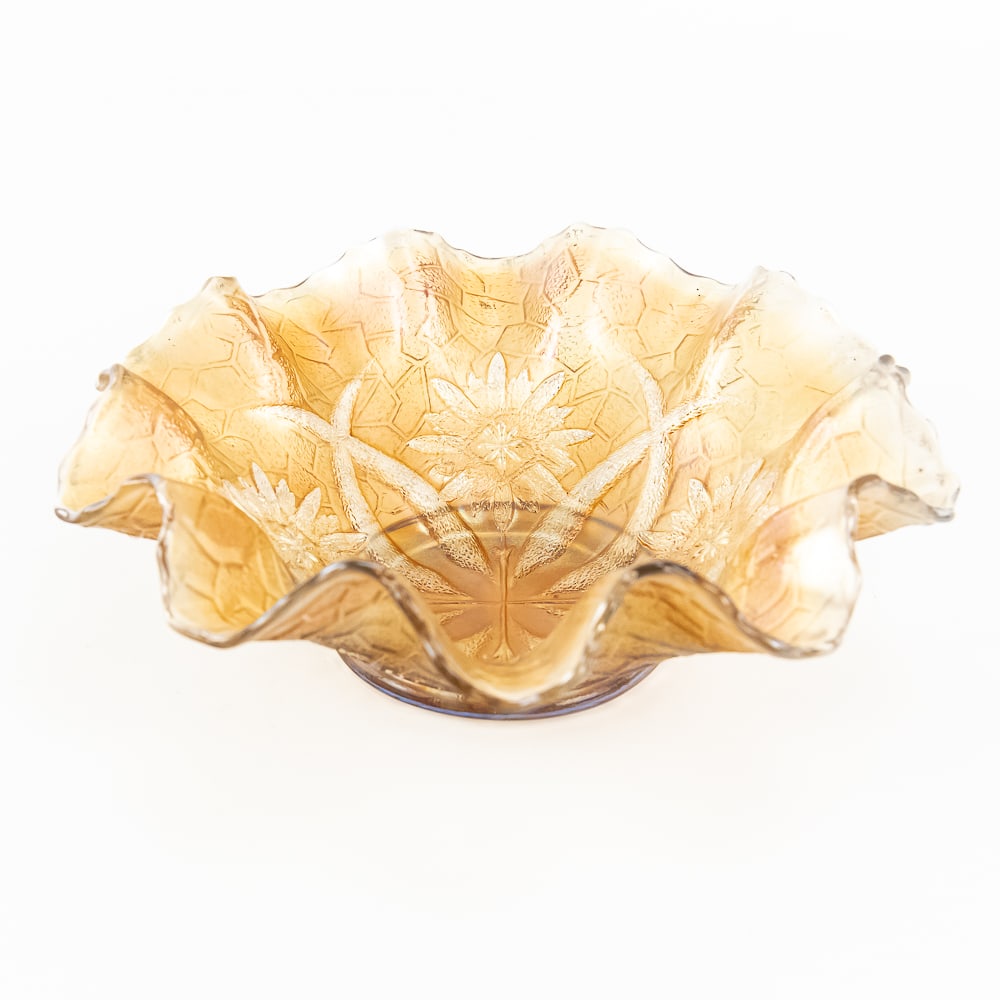 Carnival Glass: Four Flowers Variant: Diamond Four Flowers Variant ruffled bowl with a soda gold exterior. Powder blue with a marigold overlay. Measures 9 3/4 in across. Nice iridescence. See photos to judge condition and bid accordingly.