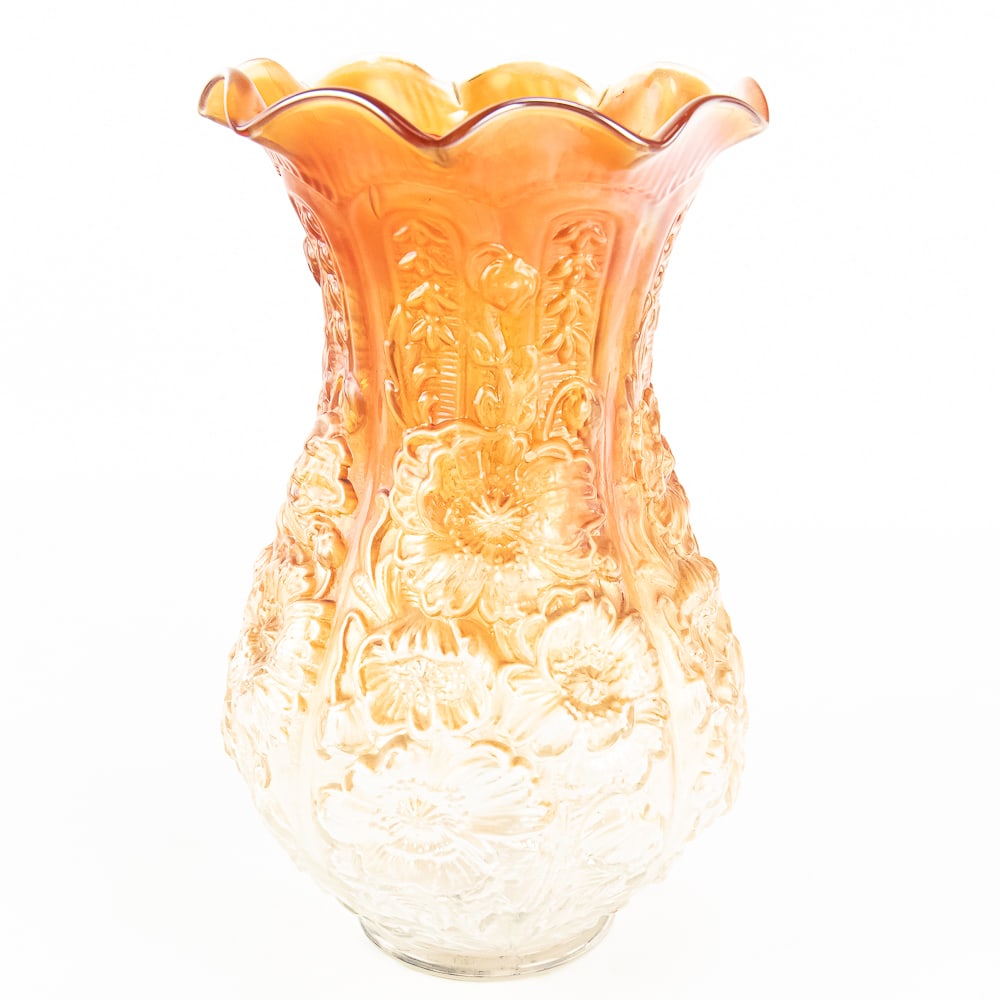 Carnival Glass: Imperial Poppy Show Vase: Marigold. Ruffled top vase with a couple of in-the-making glass string drips inside. No damage.See photos to judge condition and bid accordingly.12 in. tall