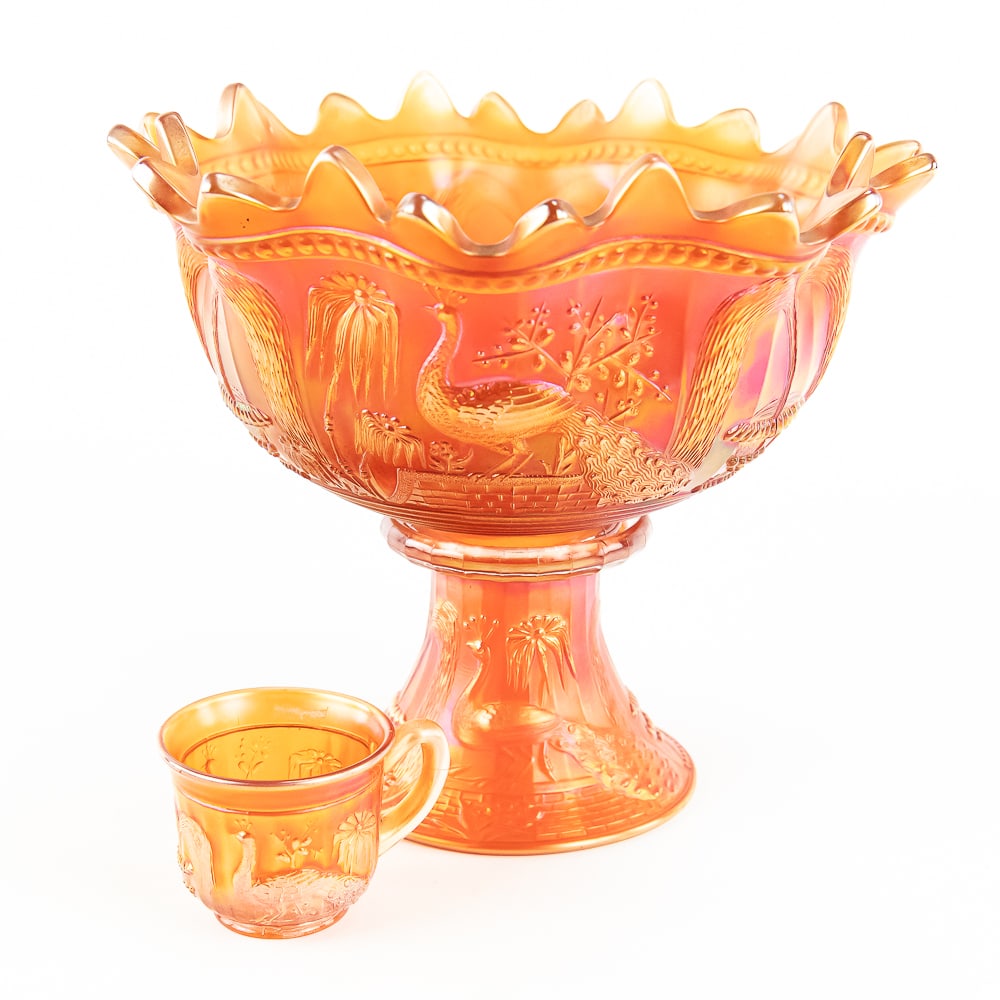 Carnival Glass N' wood Peacocks Fountain 3pc Punch: Marigold. Outstanding, well-matched bowl + one cup with beautiful iridescence in very good condition. See photos to judge condition and bid accordingly.