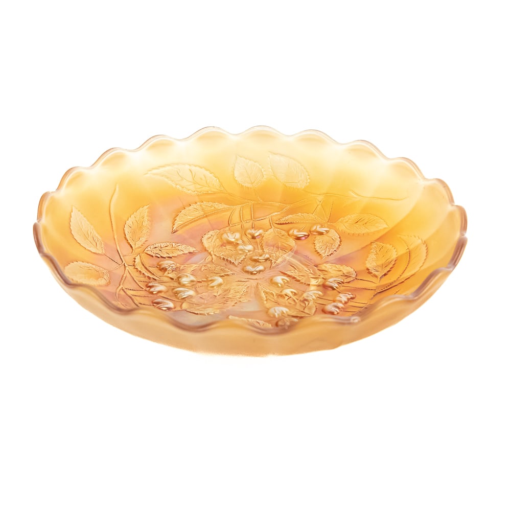 Carnival Glass: Millersburg Hanging Cherries Bowl: Marigold. Ice cream shape with very pretty iridescence. Good shape, no damage noted. See photos to judge condition and bid accordingly. 9.75 in.
