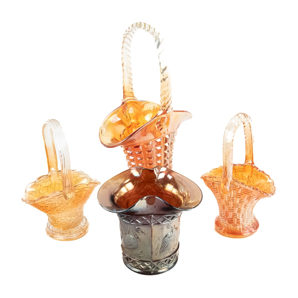 Carnival Glass: Baskets & Hat 4-Pc Lot (1 of 10)