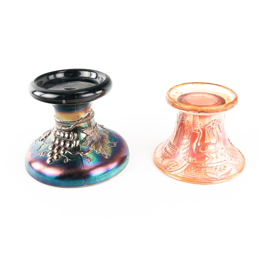 Carnival Glass: N'wood Punch Bowls 2-Pc: 2-piece lot of Northwood punch bowl bases. Grape and Cable small base in amethyst (3 1/2 in top opening, no damage, pretty iridescence). Peacock at the Fountain base in marigold (no damage). See photo