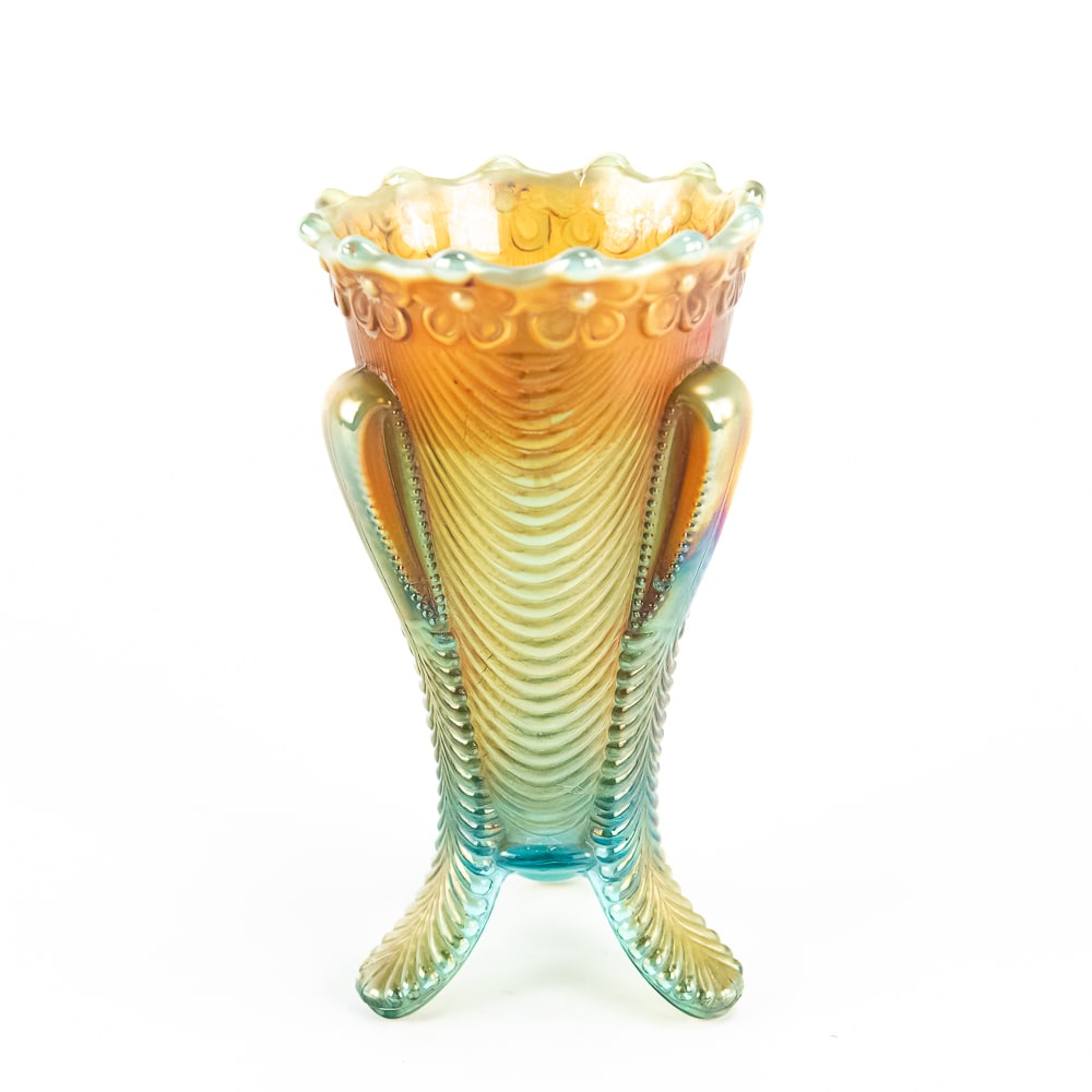 Carnival Glass: Northwood Daisy & Drape Ftd Vase: Aqua opal. Nice butterscotch color and great condition with good toes.See photos to judge condition and bid accordingly.6.25 in.