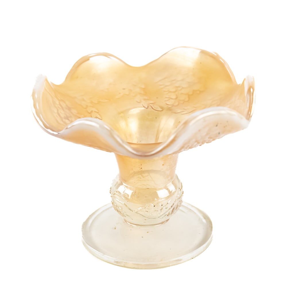 Carnival Glass: Westmoreland Wisteria & Band Vase: Peach opal. An extremely rare vase, this has not been reported before in a ruffled configuration, which makes it very unusual. Highly desirable rarity. Very good condition. See photos to judge conditi