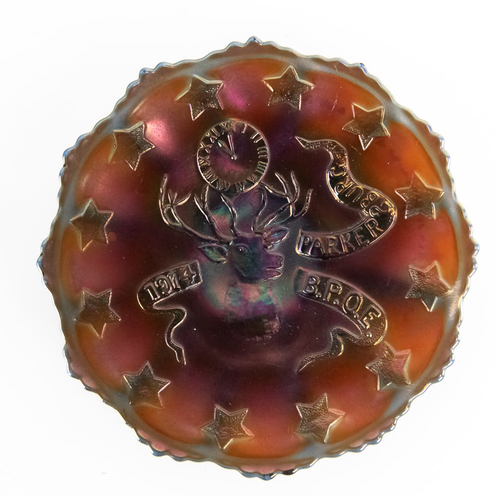 Carnival Glass: Fenton 1914 Parkersburg Elks Plate: Advertising piece in blue with beautiful iridescence. A highly collectible, perfect addition to an advertising collection. Excellent condition.See photos to judge condition and bid accordingly.7.5 in.