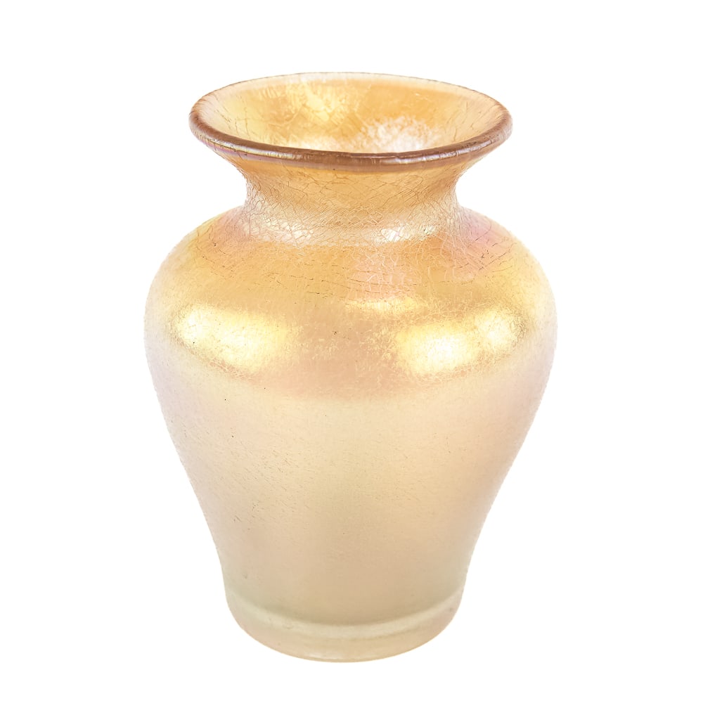 Carnival Glass: Imperial Jewels Cupped/Flared Vase: Pearl green. Considered a stretch or art glass piece with absolutely beautiful stretchy iridescence. Excellent condition.See photos to judge condition and bid accordingly.6 in. tall