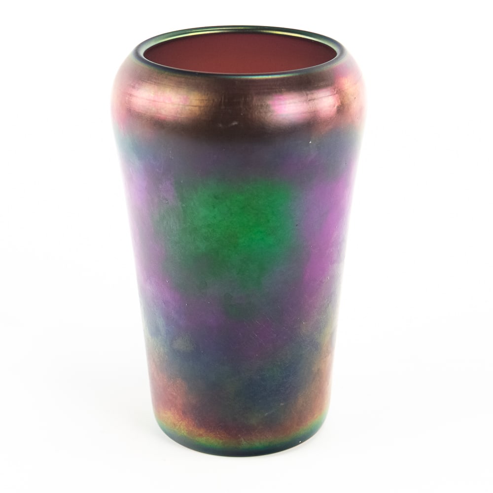 Carnival Glass: Imperial Jewels Cupped Vase: Pearl amethyst. Considered a stretch or art glass piece. Signed with the Imperial Cross and features a factory-ground base. Great condition.See photos to judge condition and bid accordingly.6 in. tall