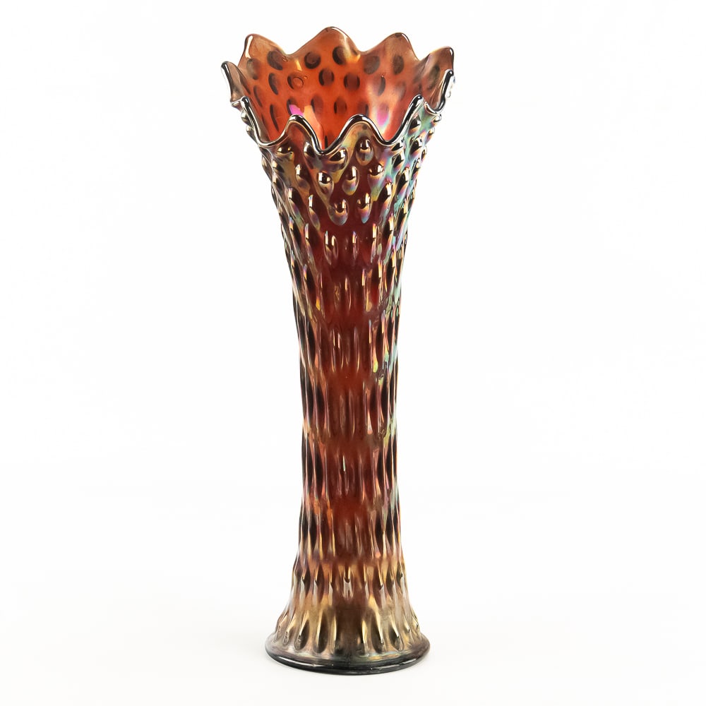 Carnival Glass: Fenton Rustic Funeral Vase: Amethyst purple. A beautiful, highly collectible funeral vase with great iridescence.See photos to judge condition and bid accordingly.19 in.
