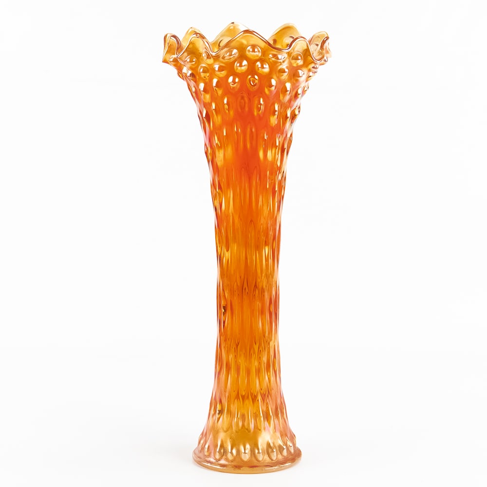 Carnival Glass: Fenton Rustic Funeral Vase: Marigold. A wonderful collectible funeral vase. It has a tiny extra pointy piece of glass on one of the top flames from the manufacturing process.See photos to judge condition and bid accordingly.20 i