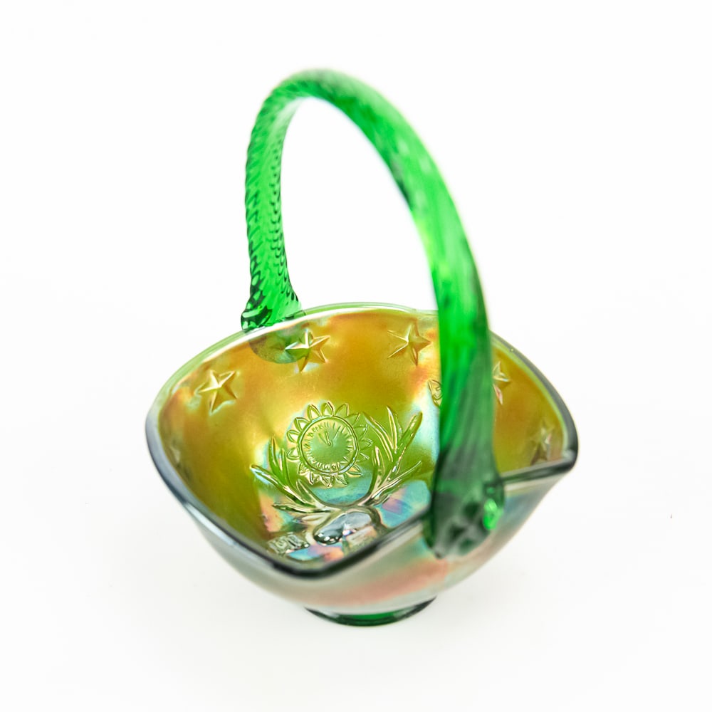 Carnival Glass: Fenton Green Mini Elks Basket: Green. Made for Encore and molded Taylor on the bottom and marked with the Fenton logo.. Highly collectible piece in great condition. See photos to judge condition and bid accordingly.