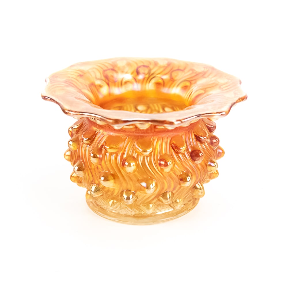 Carnival GlassMillersburg Swirled Hobnail Spittoon: Marigold. A highly collectible piece in a tough pattern to find. Nice condition and good iridescence.See photos to judge condition and bid accordingly.