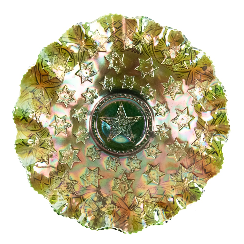 Carnival Glass: Millersburg Many Stars Bowl: Beautiful green color with a 5-point star and 3-in-1 edge. This is a rare, highly collectible piece with wonderful iridescence in very good condition. See photos to judge condition and bid accordingly