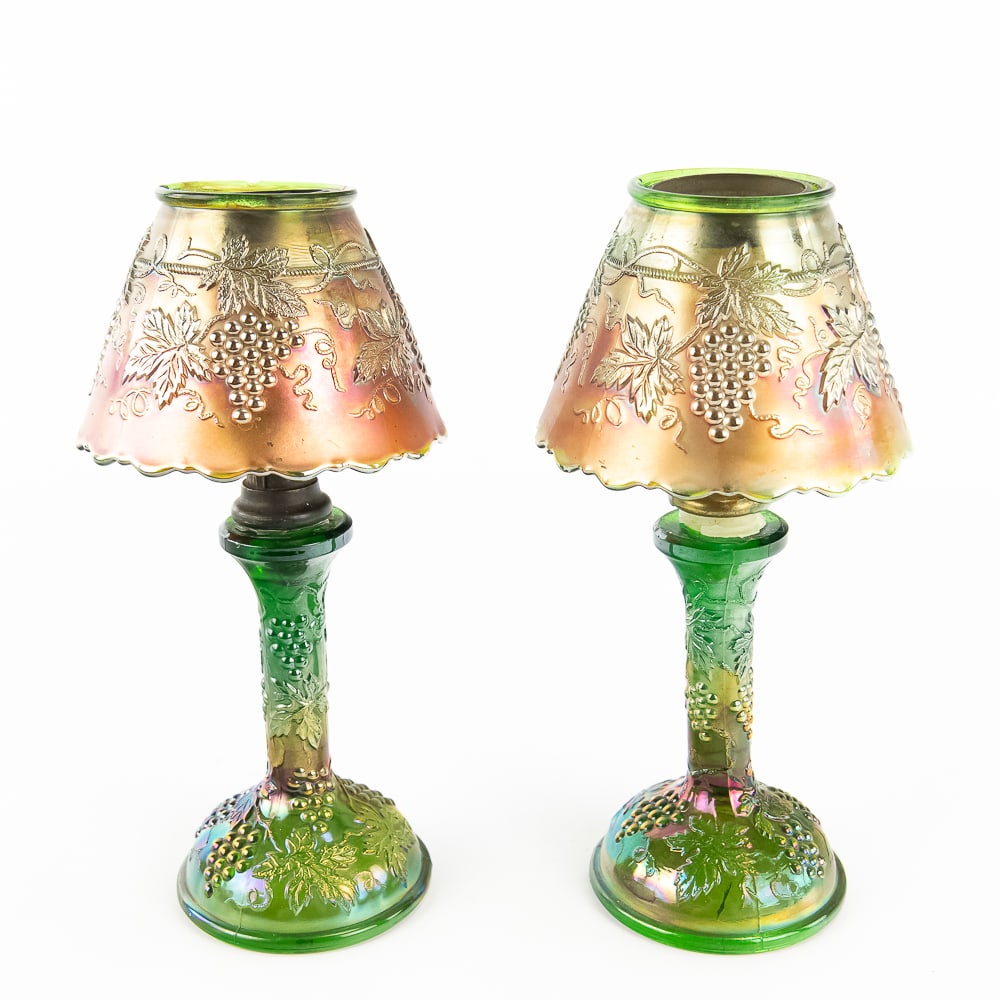 Carnival GlassNorthwood Grape & Cable Lamps (Pair): Green. A very tough to find color. Includes the bases and shades with candle holders. Nice iridescence and highly collectible. Good condition.See photos to judge condition and bid accordingly.