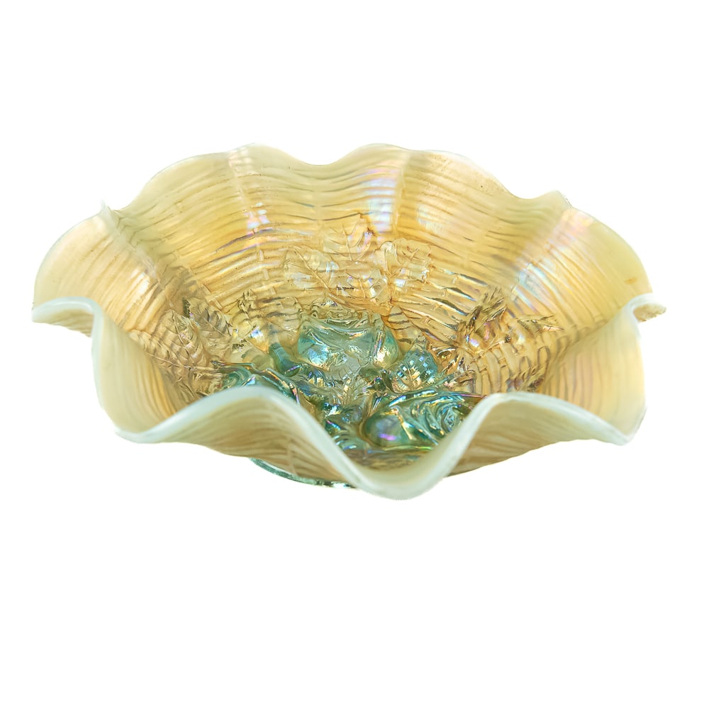 Carnival Glass: Northwood Rose Show Ruffled Bowl: Aqua opal. A rare color with very beautiful iridescence on the roses.See photos to judge condition and bid accordingly.