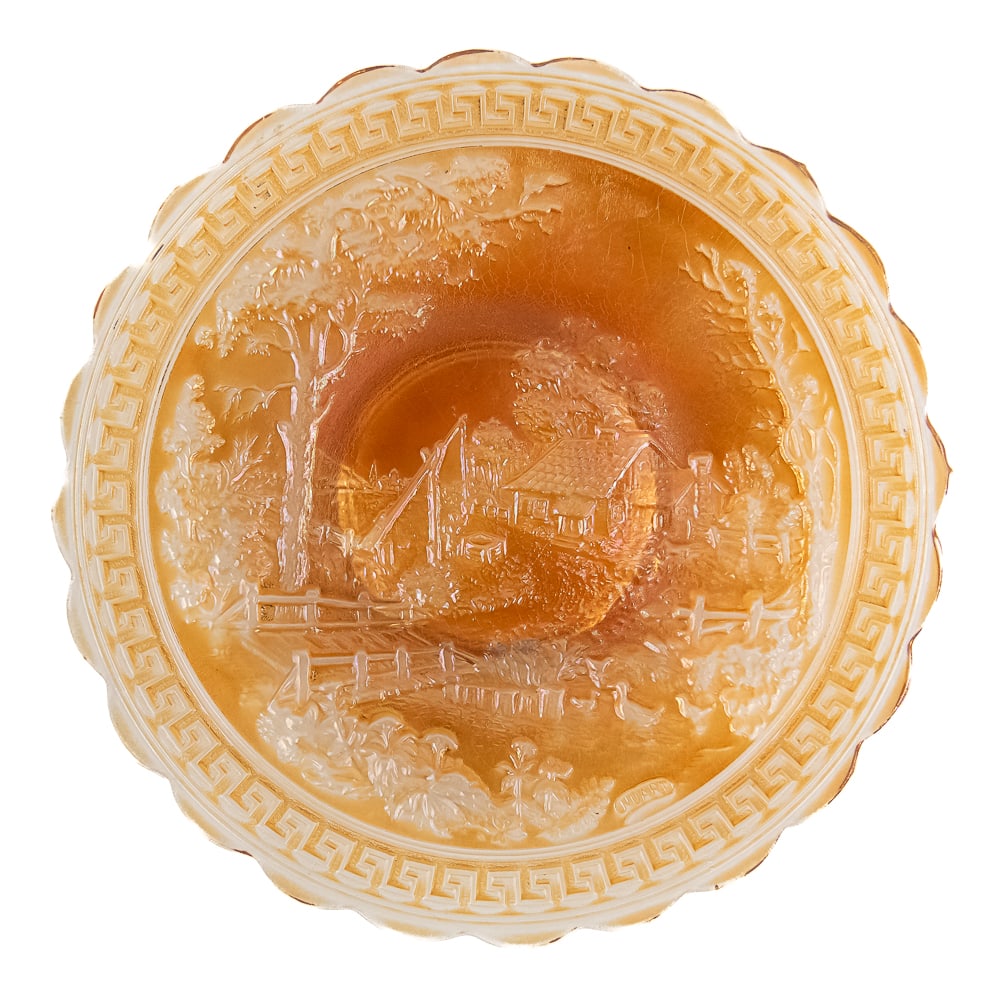Carnival Glass: Imperial Homestead Chop Plate: Features the Nuart signature and an absolutely beautiful stretchy iridescence (known to collectors as "rose ice"). Excellent condition, with a harmless in-the-making mold mark on the top of a couple o