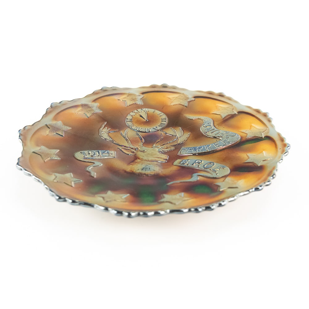 Carnival Glass: Fenton 1914 Parkersburg Elks Plate: Blue advertising plate. Highly collectible and in good condition.See photos to judge condition and bid accordingly.7 in.