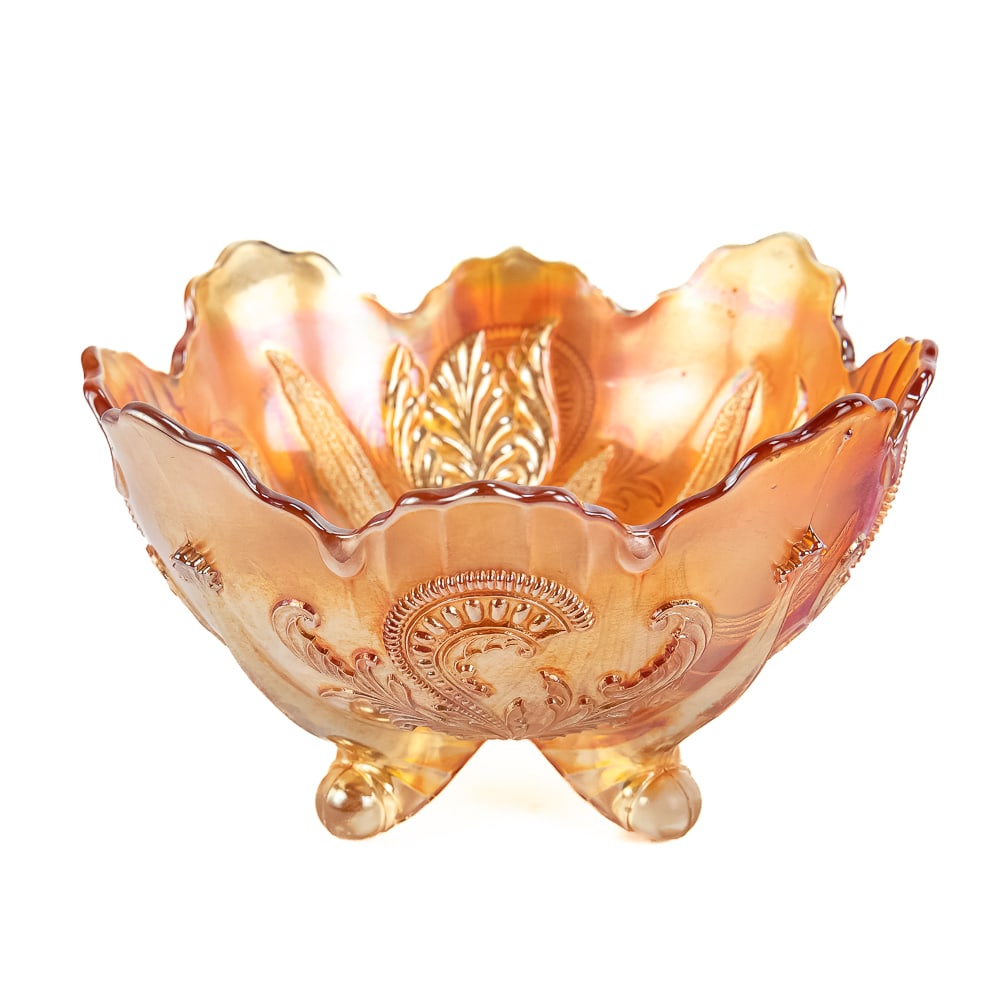 Carnival Glass Dugan Butterfly & Tulip Footed Bowl: Marigold. A deep, footed bowl with very nice iridescence in good condition.See photos to judge condition and bid accordingly.9 in.