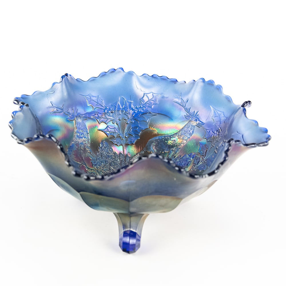 Carnival Gls Fenton Stag & Holly Lg Ftd Rufl Bowl: Blue. Very nice, even color. Good condition with no damage to the feet.See photos to judge condition and bid accordingly.