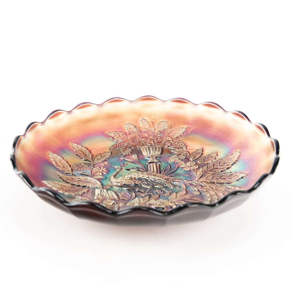 Carnival Glass: Millersburg Peacock & Urn Lg Bowl: Amethyst purple. Ice cream shape with very nice color in good condition.See photos to judge condition and bid accordingly.10 in.