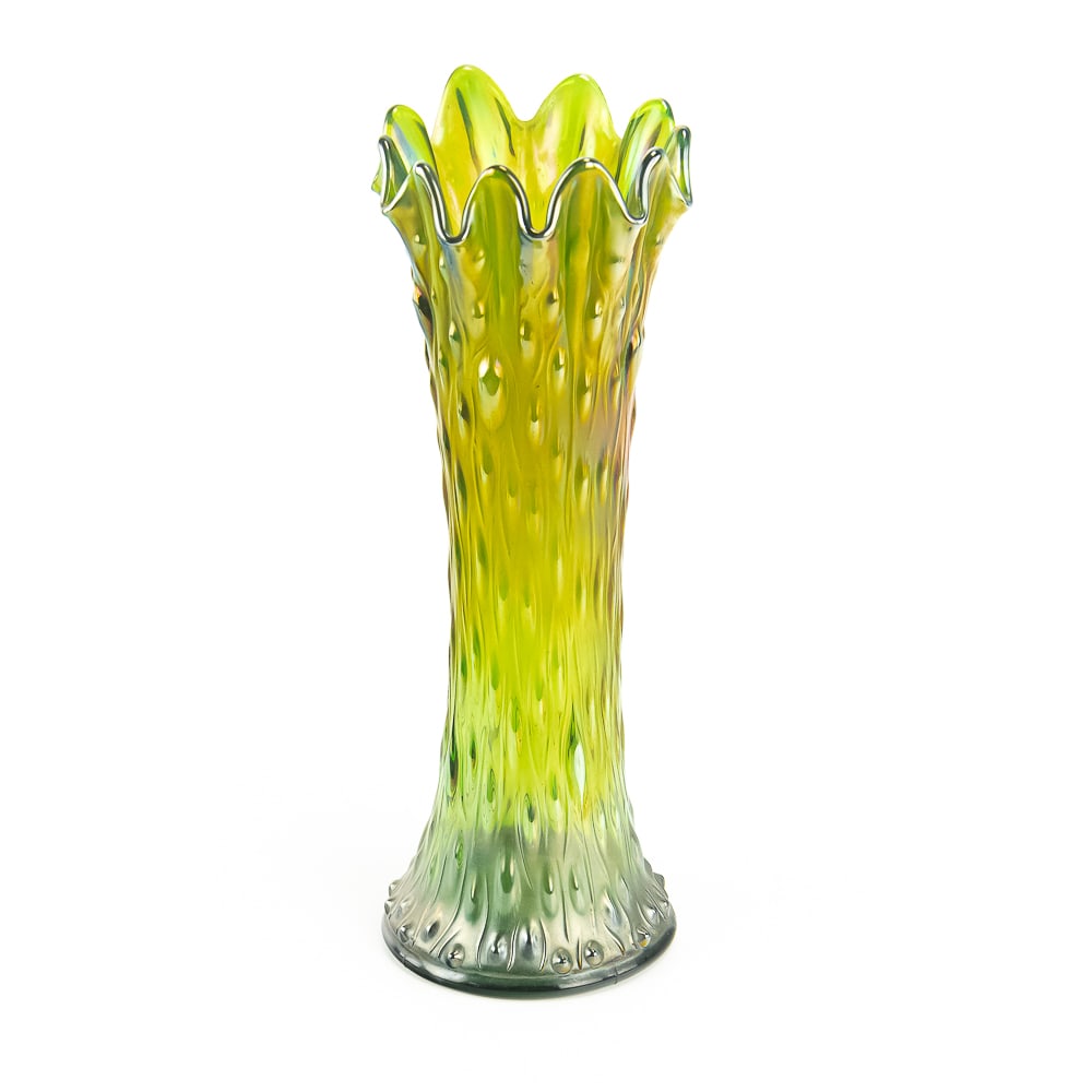 Carnival Glass: Northwood Tree Trunk Midsize Vase: Green. Very pretty iridescence and nice condition.See photos to judge condition and bid accordingly.13.25 in. tall, almost 4.75 in. wide