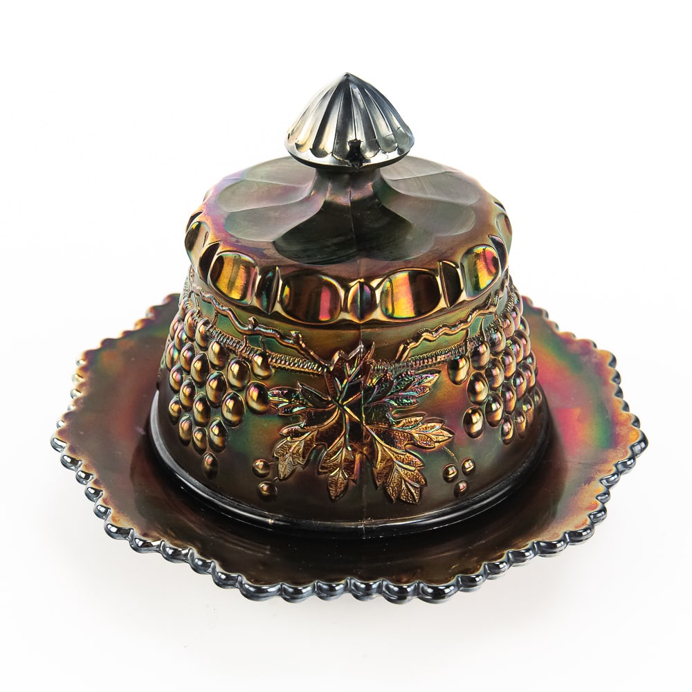 Carnival Glass: N'wood Butter Dish: Northwood Grape and Cable covered butter dish in amethyst purple. Very good condition with beautiful iridescence. See photos to judge condition and bid accordingly.