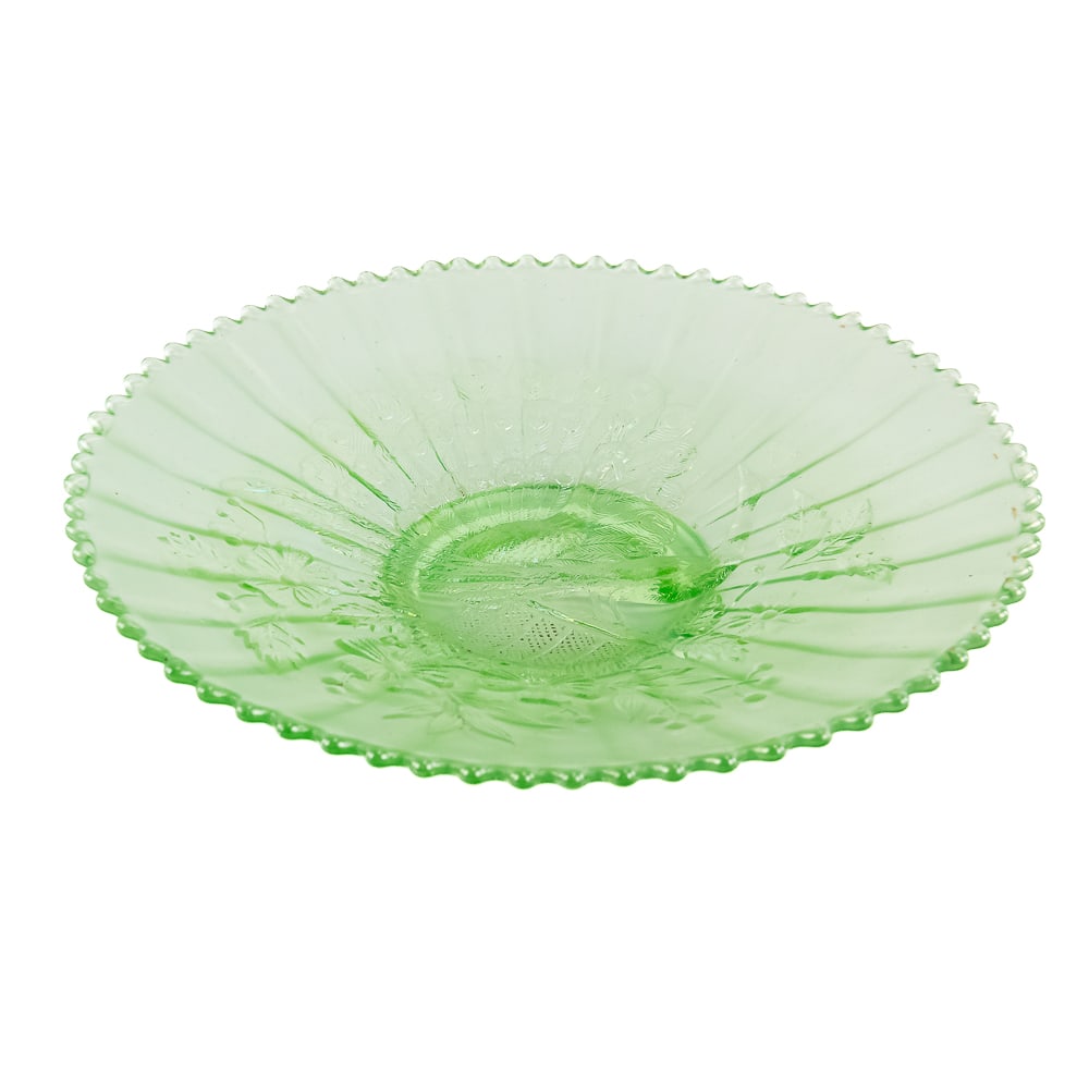 Carnival Glass: Northwood Peacocks on Fence Plate: Ice green. Beautiful pastel plate with a ribbed back in good condition.See photos to judge condition and bid accordingly.9 in.