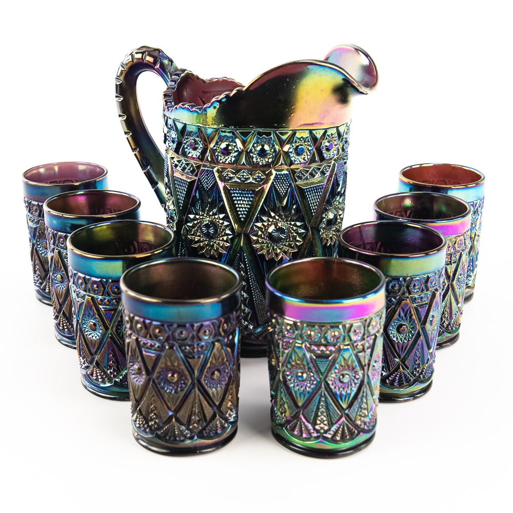Carnival Glass:Imperial Diamond Lace 9pc Water Set: Purple. Pitcher and 8 tumblers featuring stunning iridescence. Very good condition.See photos to judge condition and bid accordingly.